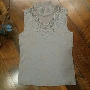Beautiful Sleeveless Beaded Mesh Top Mock Holiday